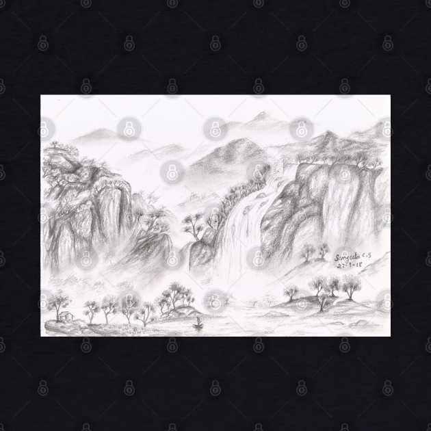 Waterfalls over the mountains pencil sketch by Sangeetacs